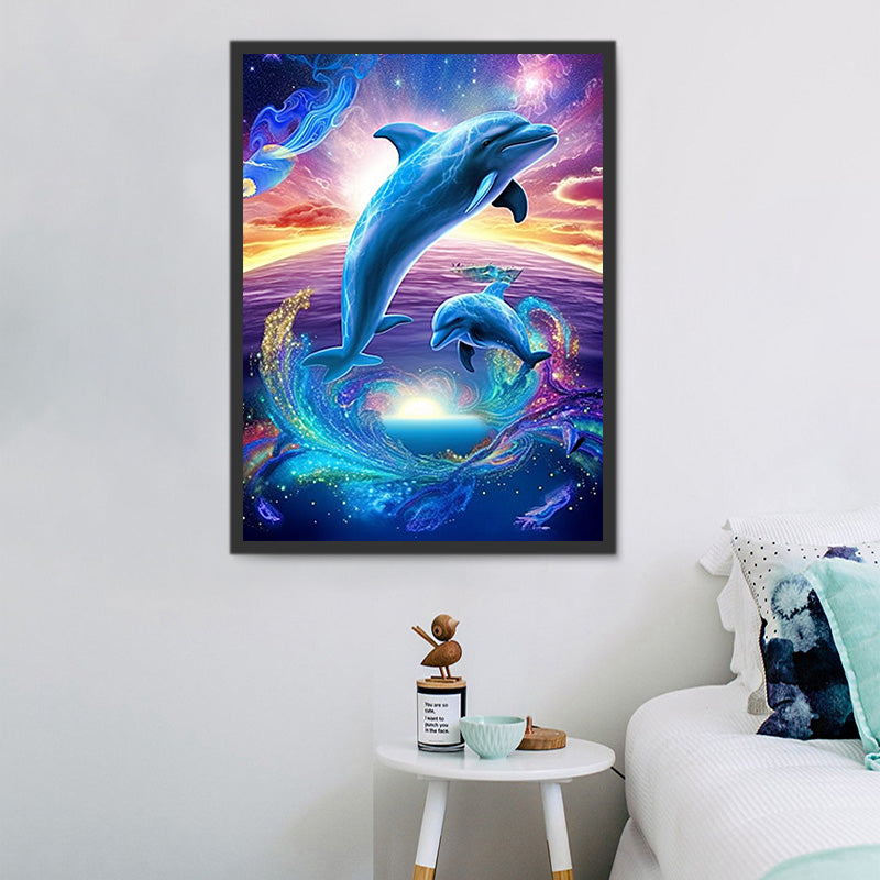 Herfair Diamond Painting Delphin – DIY 5D Diamantbild, 30x40 Cm, Sonnenuntergang Motiv